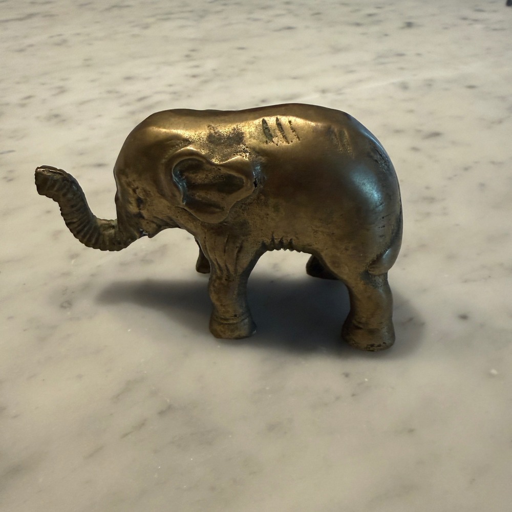Vintage Solid Brass Elephant Figurine Trunk Up Good Luck Statue 4.5 Inch MCM